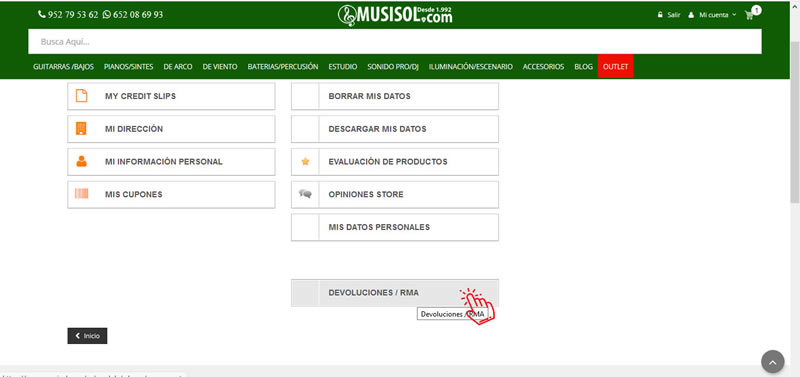 paso 1, proceso devoluciones en MUSISOL.COM