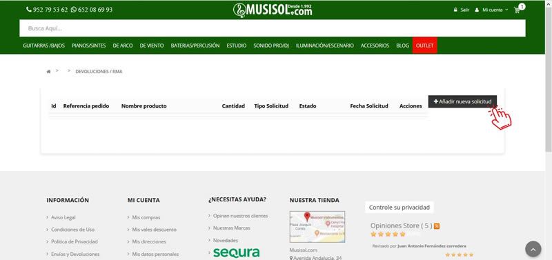 Paso 2, proceso devoluciones en MUSISOL.COM